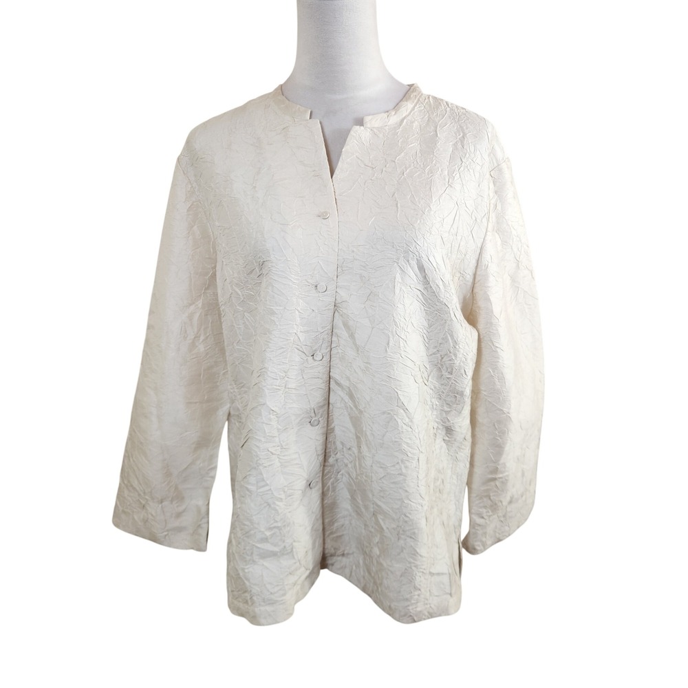 Eileen Fisher Womens XL Champagne‎ Silk Crinkle Button Front Jacket Blouse Top